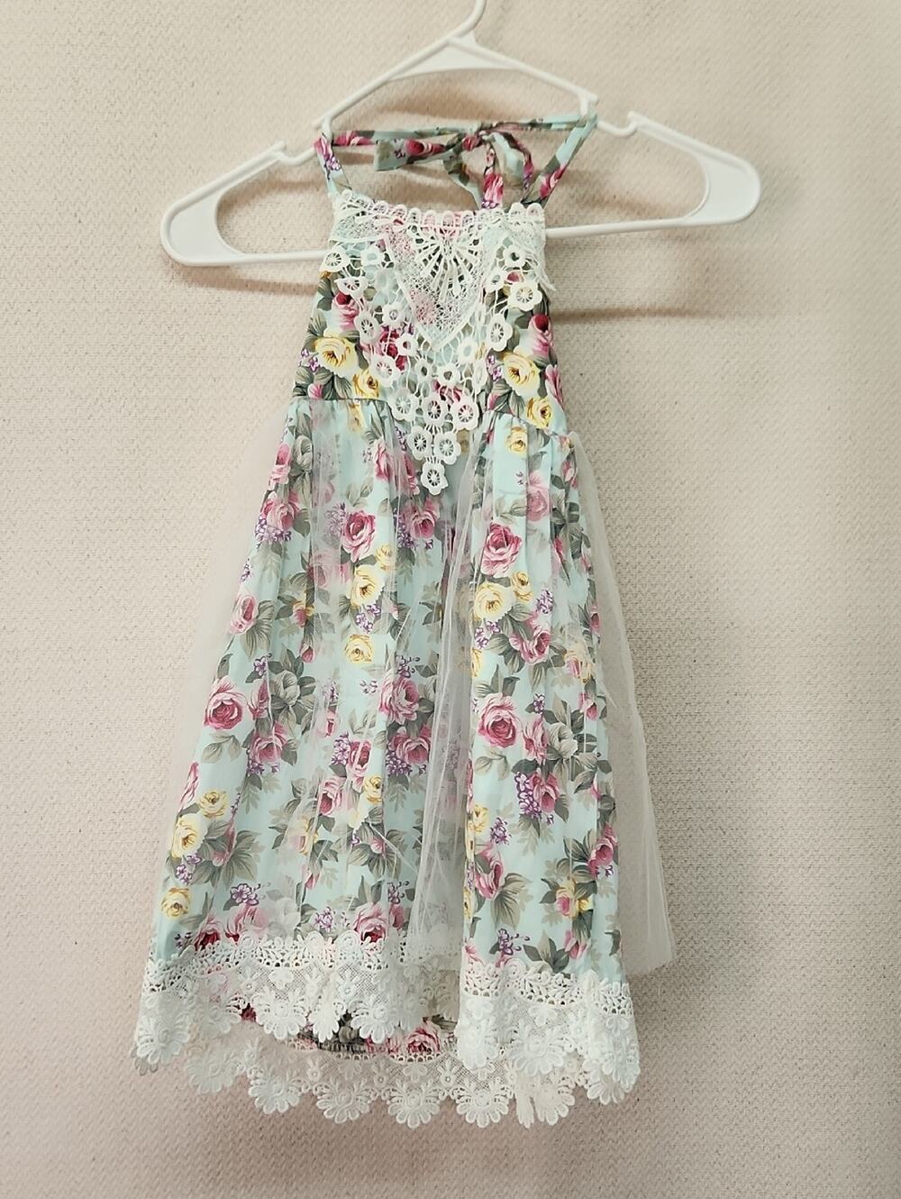 Girls Mint Floral Lace Halter Dress with Tulle Overlay